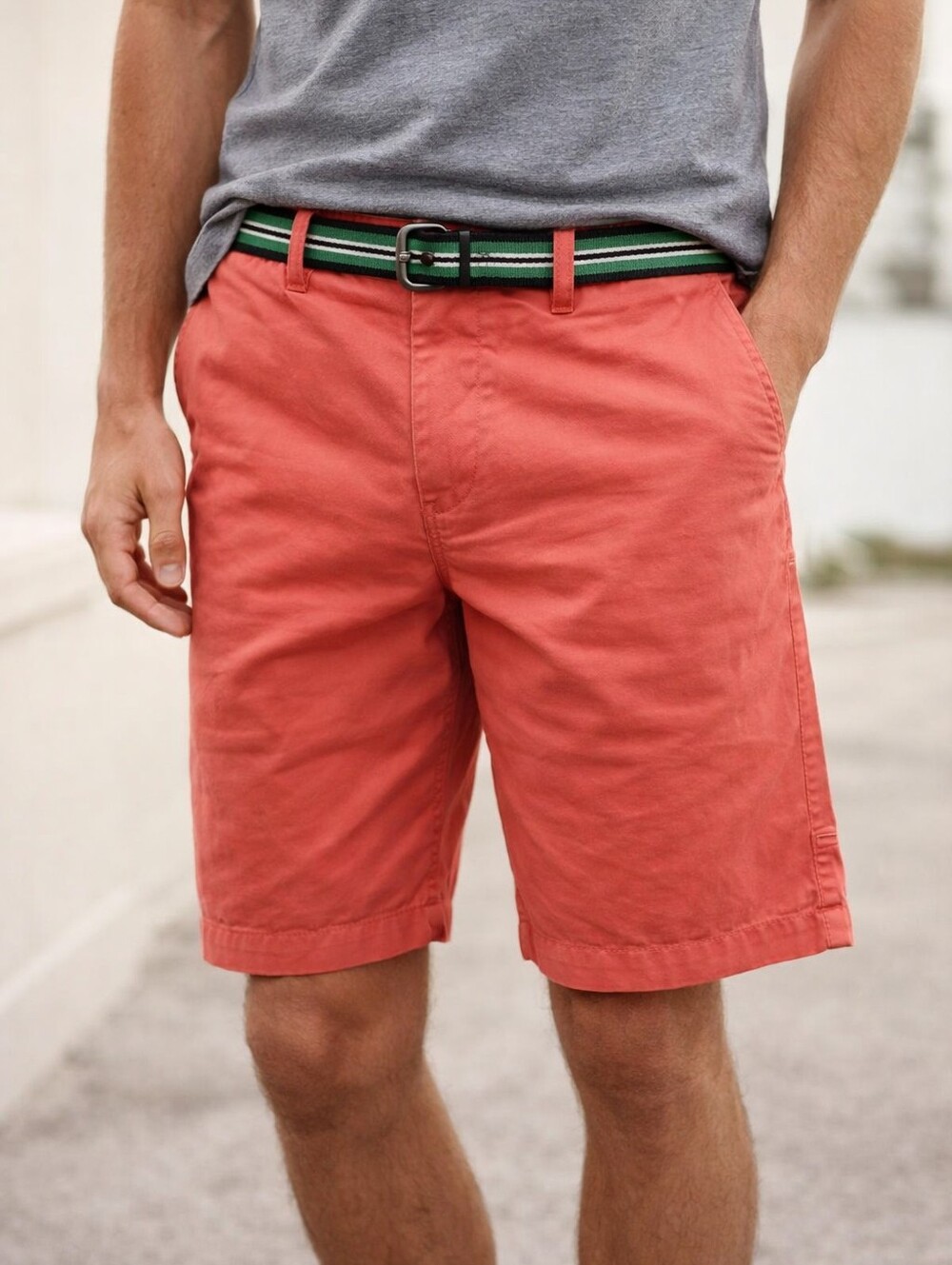 BODEN Mens Coral Chino Shorts with Striped Belt 9in" Inseam